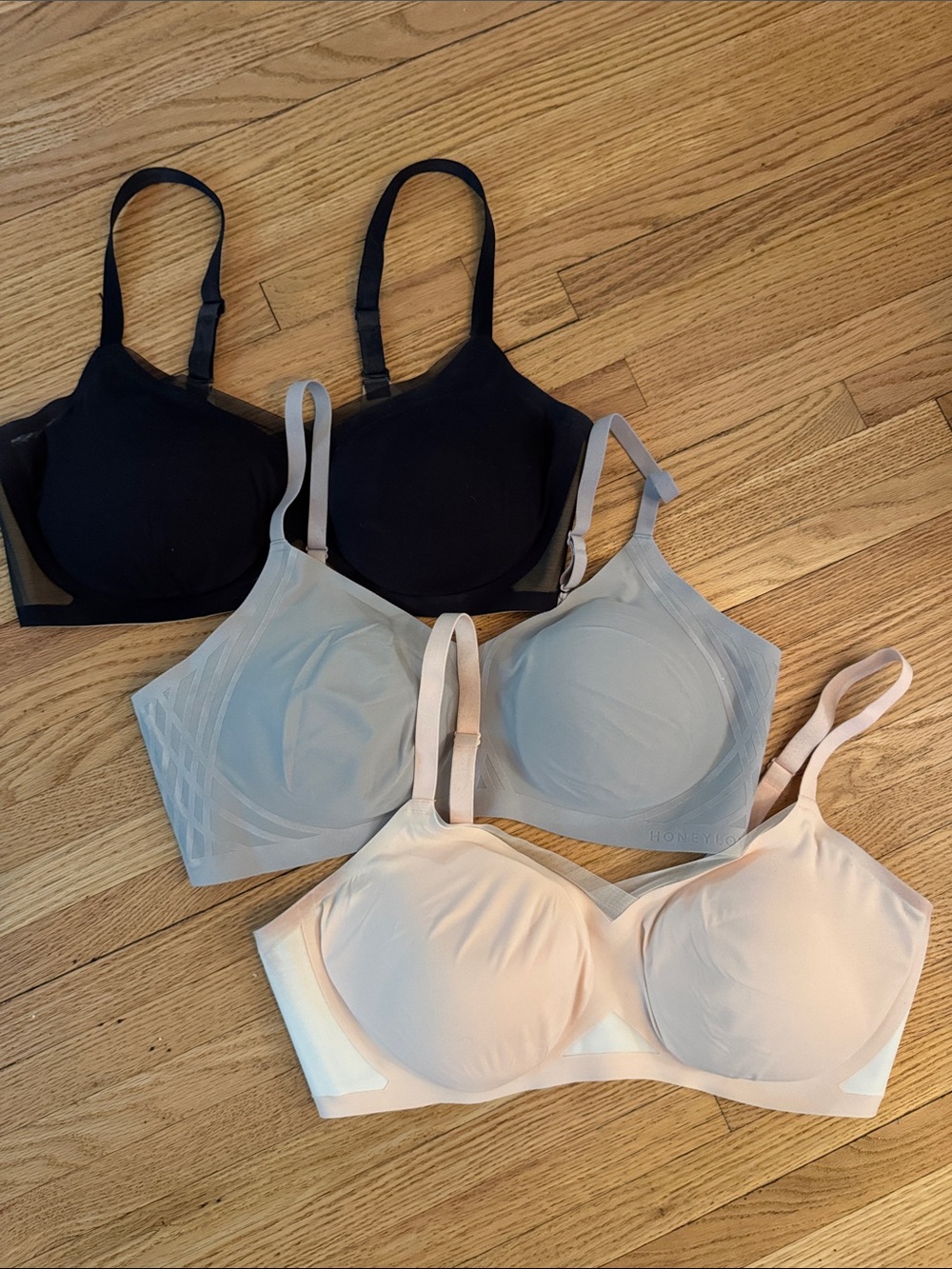 Honeylove Seamless T-Shirt Bras Pack - Black, Light Gray, Nude